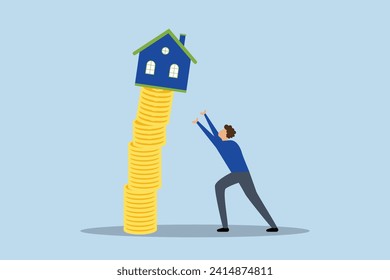 Property market collapse, real estate agent helps protect the house from a falling unstable stack of coins.