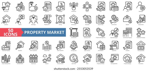 Property market icon collection set. Contain real estate, value, appraisal, mortgage, investment, equity, rent, lease, tenant, developer, landlord, realtor, brokerage, tax, zoning, foreclosure, sale