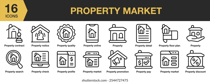 Conjunto de ícones Mercado de Propriedade. Inclui mercado imobiliário, aviso, on-line, perfil, pagamento, promoção, detalhes e muito mais. Contornar coleção de vetores de ícones.