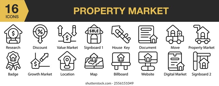 Property Market icon set. Includes discount, document, billboard, map, value, website, and More. Outline icons vector collection.