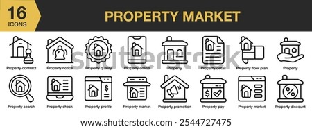Property Market icon set. Includes property market, notice, online, profile, pay, promotion, detail, and More. Outline icons vector collection.