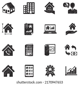 Property Market Icons. Black Scribble Design. Vector Illustration.