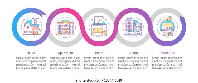 Property market vector infographic template. Real estate business presentation design elements. Data visualization with steps and options. Process timeline chart. Workflow layout with linear icons