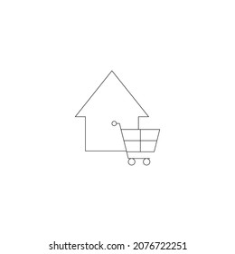 Property and mortgage concept. Vector outline sign, thin line. Perfect for advertising, web sites, online shops and stores. Line icon of shopping cart next to house 
