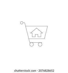 Property and mortgage concept. Vector outline sign, thin line. Perfect for advertising, web sites, online shops and stores. Line icon of private house inside of shopping cart 
