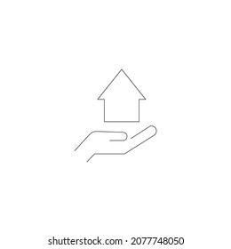 Property and mortgage concept. Vector outline sign, thin line. Perfect for advertising, web sites, online shops and stores. Line icon of private house over outstretched hand of faceless person 

