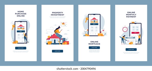 Property, mortgage concepts set. House buying online, monthly payment, real estate investment, digital mortgage. Property loan banners collection for website development. Flat vector illustration