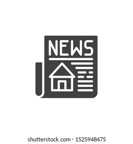 Property news headline vector icon. filled flat sign for mobile concept and web design. Newspaper with house publication glyph icon. Symbol, logo illustration. Vector graphics