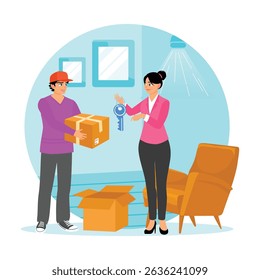 Property owner gives house keys to a man who is renting or buying a new home in the midst of moving activities. Real estate buying experience concept.