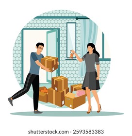 Property owner, happy house owner. A couple moving into a new home. The man carries a box while the woman holds keys, symbolizing a new beginning and house ownership. Flat vector modern illustration  