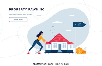Property pawning template for landing page. Woman drags a home to the bank for house remortgage with getting cash out. Property mortgage, refunding concept for website design. Flat vector illustration