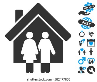 Property pictograph with bonus dating design elements. Vector illustration style is flat iconic blue and gray symbols on white background.