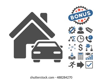 Property pictograph with bonus design elements. Vector illustration style is flat iconic bicolor symbols, cobalt and gray colors, white background.