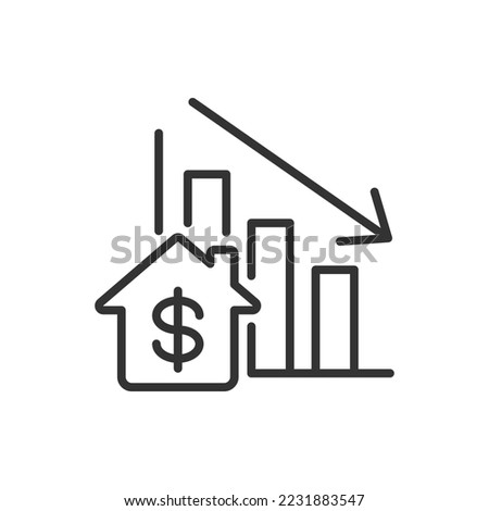 Property price down. House decreasing value line icon isolated on white background. Vector illustration