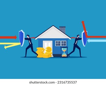 Property protection. Business team holding shield protecting house and pile of money from arrow attack vector