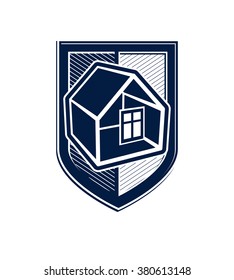 Property protection idea, stylized heraldic symbol with classic house. Real estate vector graphic element, conceptual shield, can be used in web design.