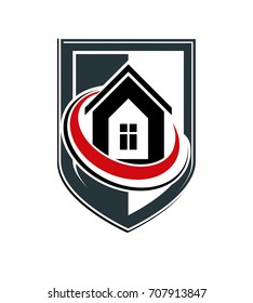 Property protection idea, stylized heraldic symbol with vector classic house. Real estate agency graphic element, conceptual shield, can be used in web design.