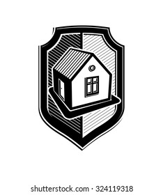Property protection idea, stylized vector heraldic symbol with house. Graphic element, conceptual shield, can be used in web design.