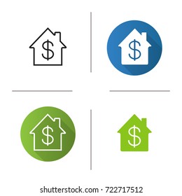 Property purchase icon. Flat design, linear and glyph color styles. House with dollar sign inside. Real estate market. Isolated vector illustrations