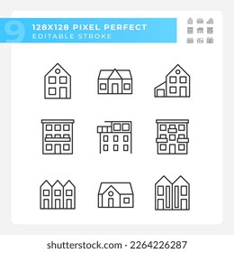 Property purchase pixel perfect linear icons set. Real estate agency. Apartments and houses. Luxury property. Customizable thin line symbols. Isolated vector outline illustrations. Editable stroke