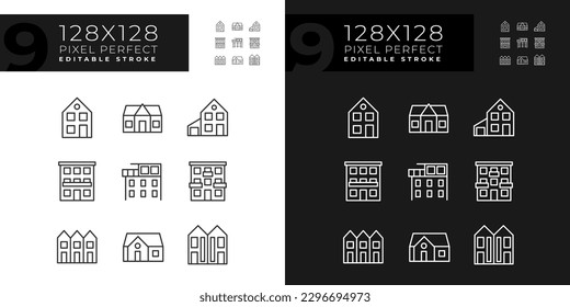 Property purchase pixel perfect linear icons set for dark, light mode. Real estate agency. Apartments. Luxury property. Thin line symbols for night, day theme. Isolated illustrations. Editable stroke