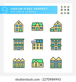 Property purchase pixel perfect RGB color icons set. Real estate agency. Apartments and houses. Luxury property. Isolated vector illustrations. Simple filled line drawings collection. Editable stroke