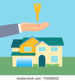 Property purchase promotional poster with cozy house and gold key