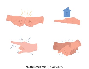 Property purchaser interaction semi flat color vector hand gesture set. Editable pose. Human body part on white. Cartoon style illustration for web graphic design, animation, sticker pack collection
