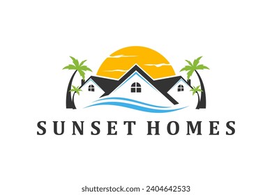 Property real estate house logo design outdoor scene sunset at beach with palem tree decoration.