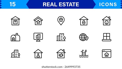 Pacote de ícones de propriedade e imóveis em formato Clean Vetor com elementos de habitação, construção e aluguel.