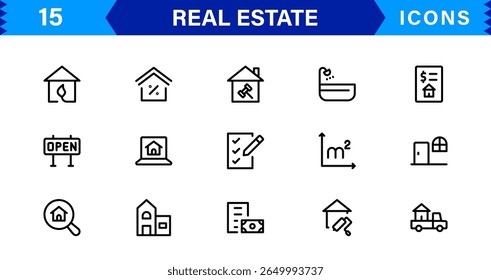 Pacote de ícones de propriedade e imóveis em formato Clean Vetor com elementos de habitação, construção e aluguel.