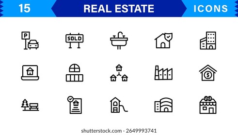 Property and Real Estate Icons Pack in Clean Vector Format with Housing, Building, and Rental Elements.