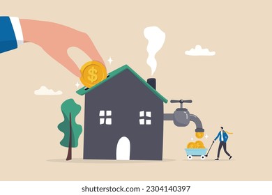 Property or real estate investment, buy a house for rental profit, ROI, return on investment or mortgage, house ownership or investing opportunity concept, businessman hand put coin with money return.