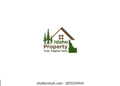 Property real estate logo design, idaho property business, roof pine tree element, house icon. Building home.
