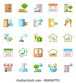 Property and real estate services, colored icons. Colored flat icons of real estate on a white background. Vector clip art. 