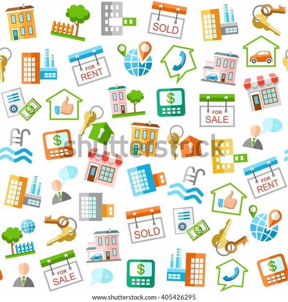 Property and\
real estate services, white seamless background. Colored flat icons\
for real estate and real estate services on a white background.\
Vector seamless background.\
