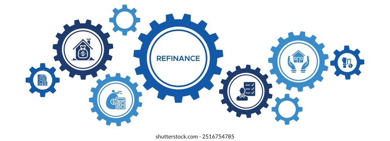 Ilustração do vetor da faixa de refinanciamento de imóveis com ícones para termos de hipoteca, orçamento, obrigações de dívida e condições financeiras