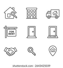 Property and rent line icons , real estate, keys, house, door vector set