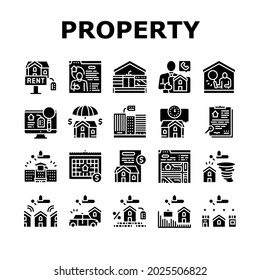 Property Rental Agency Collection Icons Set Vector. Signing Contract And Payment Of Taxes, Insurance And Inspection Property Rental Agent Service Glyph Pictograms Black Illustrations