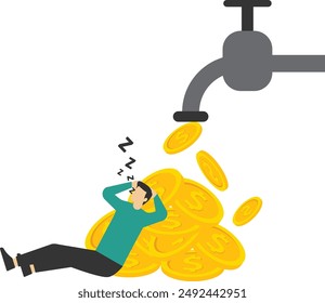 property rental or investment profit concept, Earn money while sleeping, passive income stream with side hustle, dividends, rich young man sleeping at night on a pipe faucet with paper money flowing.