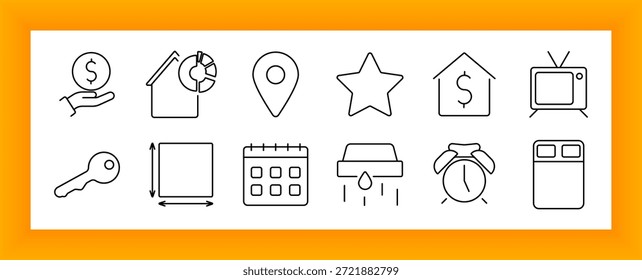 Icono de conjunto de propiedad y alquiler. Incluye la mano con la moneda, el valor casero, el gráfico circular, la llave, la televisión, el calendario, la caja de medida, el reloj de alarma, la gota, la cama, y el perno de la ubicación.