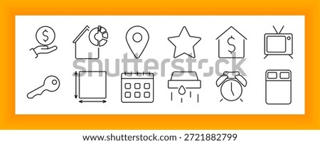 Property and rental set icon. Includes hand with coin, home value, pie chart, key, television, calendar, measurement box, alarm clock, droplet, bed, and location pin.