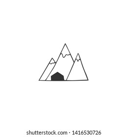 Property rental theme. Hand drawn vector icon, a house at the foot of the mountain. For business branding and identity, for real estate agents and house owners.