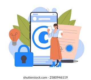 Property rights concept. Woman near smartphone and padlock. Intellectual Property Protection, copyrighter laws. Legal support of talented authors. Flat vector illustration