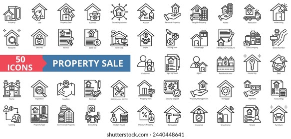 Icon-Sammlungssatz für Immobilienverkauf. Enthaltene Nachlassliquidierung, Geschäft, Versteigerung, Eigentum, Management, Wohnungsverlegung, Home-Inspection-Symbol. Einfache Linienvektordarstellung.