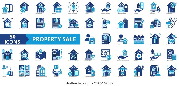 Property sale icon collection set. Containing estate liquidation, business, auction, ownership, management, home relocation, home inspection icon. Simple flat vector illustration.