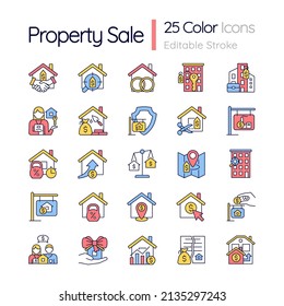 Property sale RGB color icons set. Real estate market. House purchase. Home mortgage. Isolated vector illustrations. Simple filled line drawings collection. Editable stroke. Quicksand-Light font used