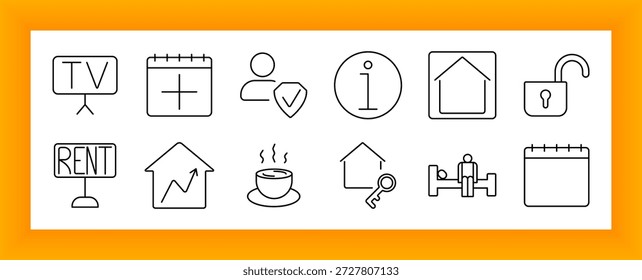 Icono de conjunto de propiedades y programaciones. Incluye TV, calendario, candado, información, letrero de alquiler, llave de la casa, café, gimnasio e iconos de crecimiento de flecha en el contexto de bienes raíces y planificación
