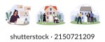 Property search abstract concept. Set of men and women choosing apartment on real estate website, checking house and concluding purchase, mortgage or rent agreement. Cartoon flat vector collection