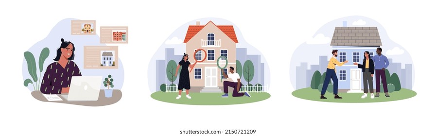 Concepto abstracto de búsqueda de propiedades. Conjunto de hombres y mujeres que eligen un departamento en el sitio web de bienes raíces, revisan la casa y concluyen acuerdos de compra, hipoteca o alquiler. Colección vectorial plana de dibujos animados